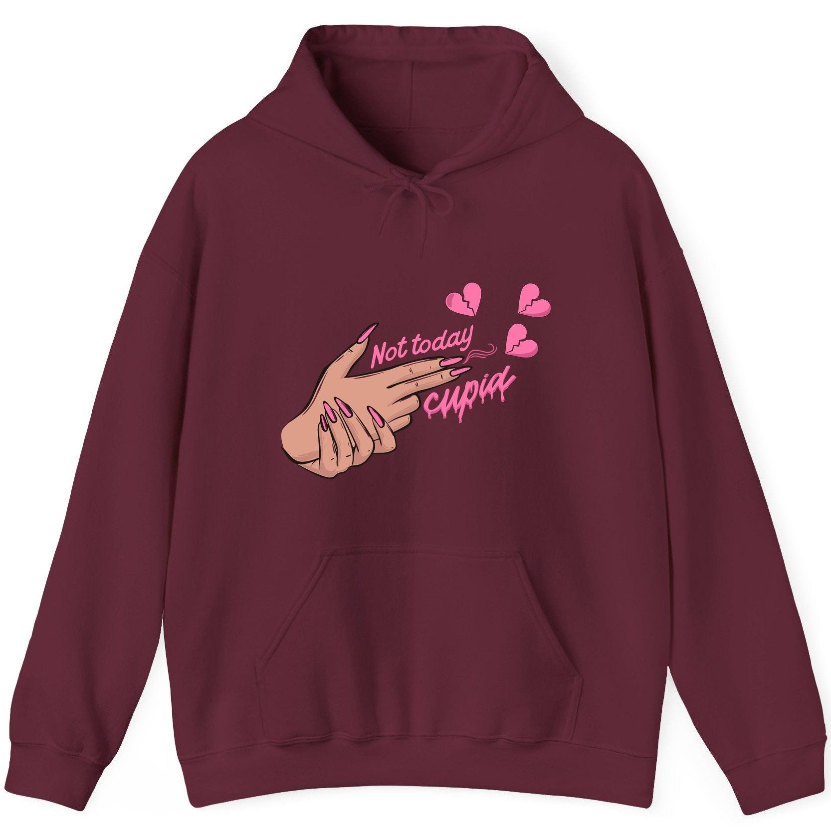 Not Today Cupid anti-Valentine's Day Hoodie Maroon product mockup