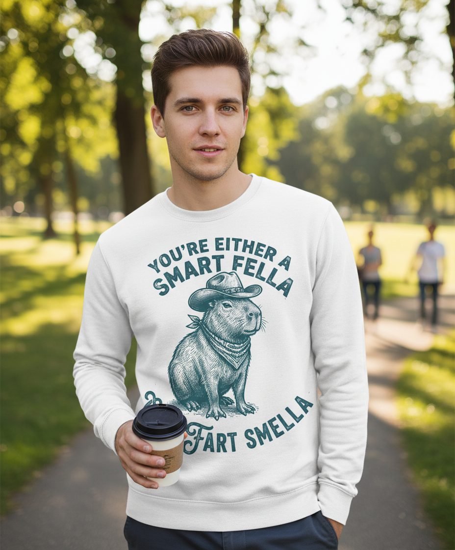 You're Either a Smart Fella or a Fart Smella capybara Sweatshirt White lifestyle mockup