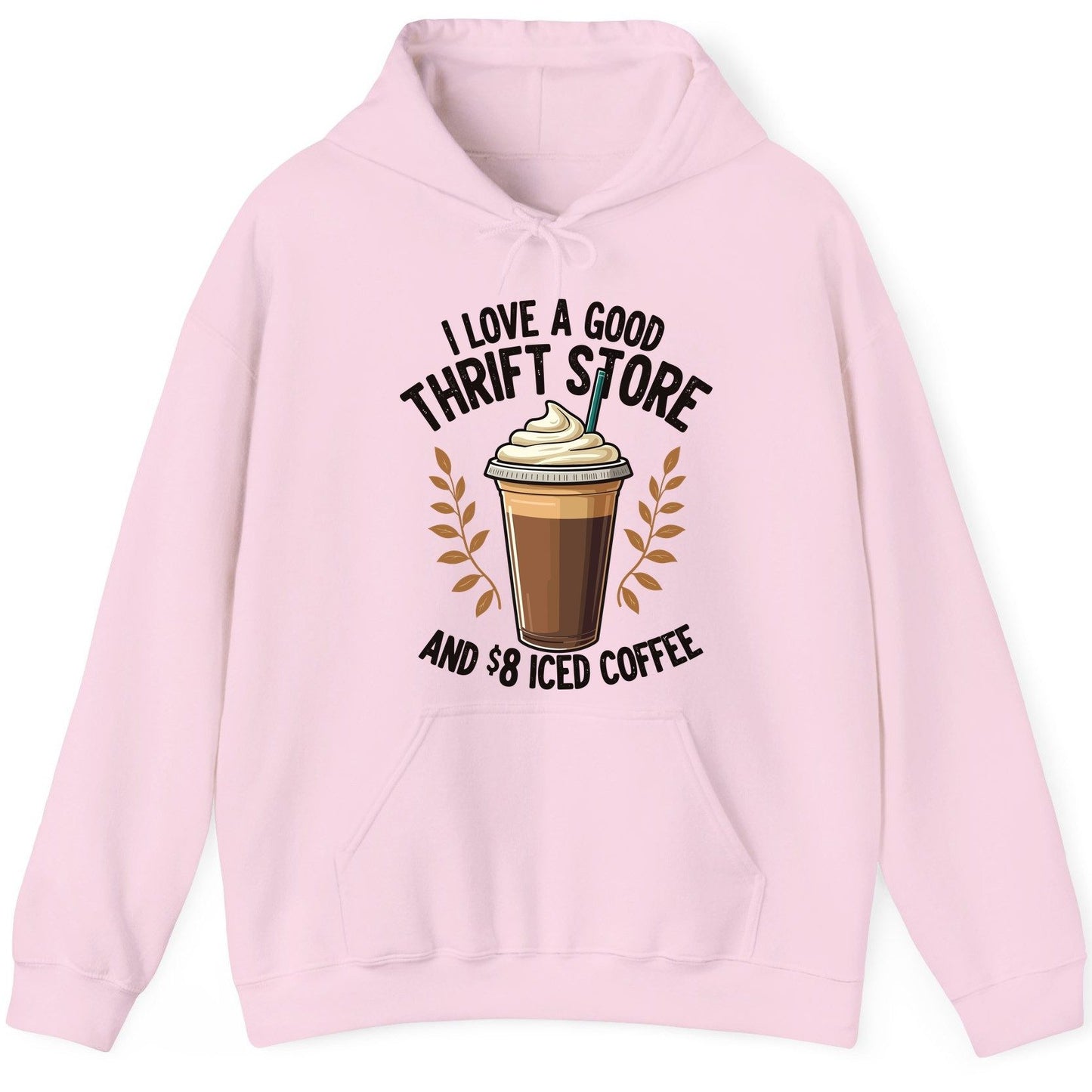 I Love a Good Thrift Store and 8 Iced Coffee coffee and thrifting Hoodie Light Pink product mockup