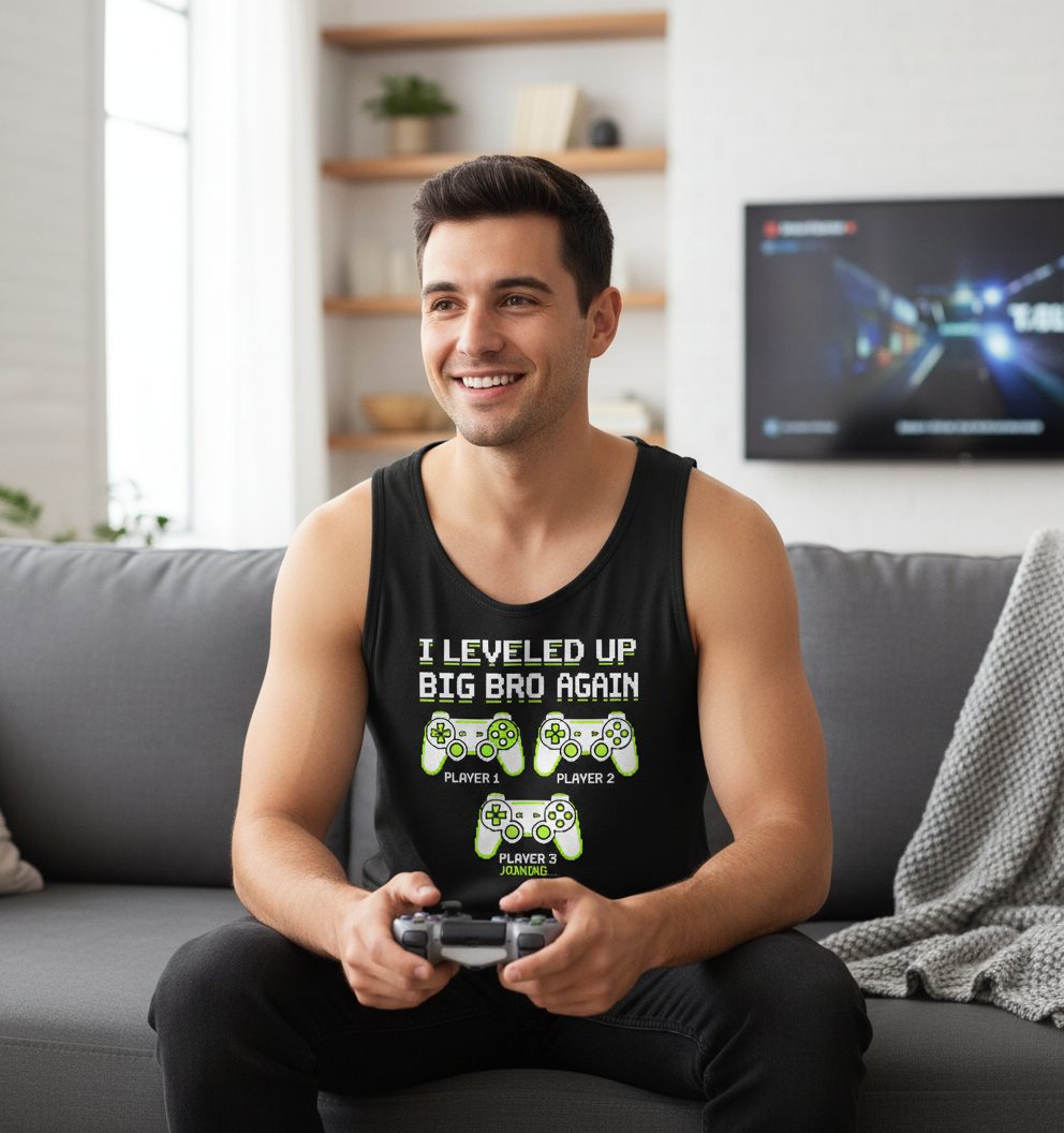 I Leveled UP BIG BRO AGAIN Retro Brother Announcement Tank Top - lifestyle model mockup - Black
