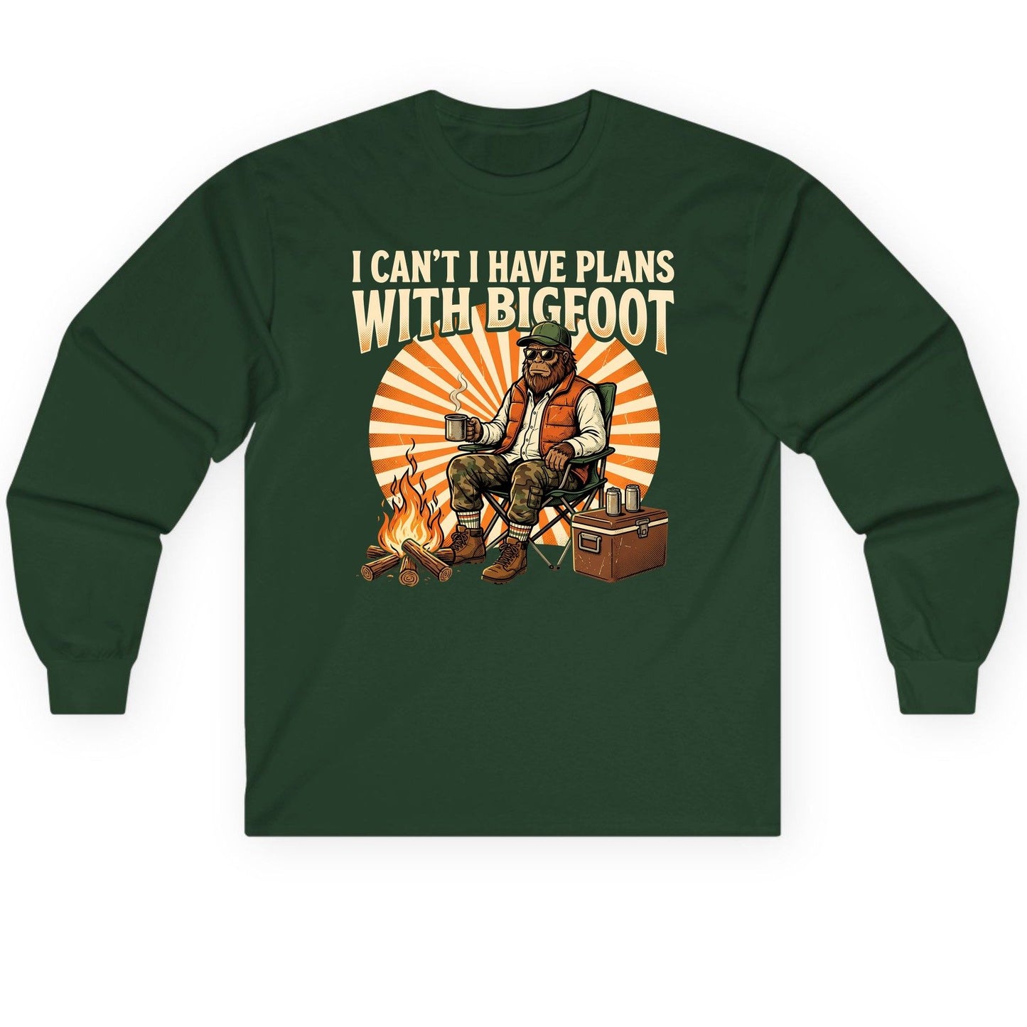 I Can't I Have Plans with Bigfoot bigfoot Long Sleeve Tee Forest Green product mockup