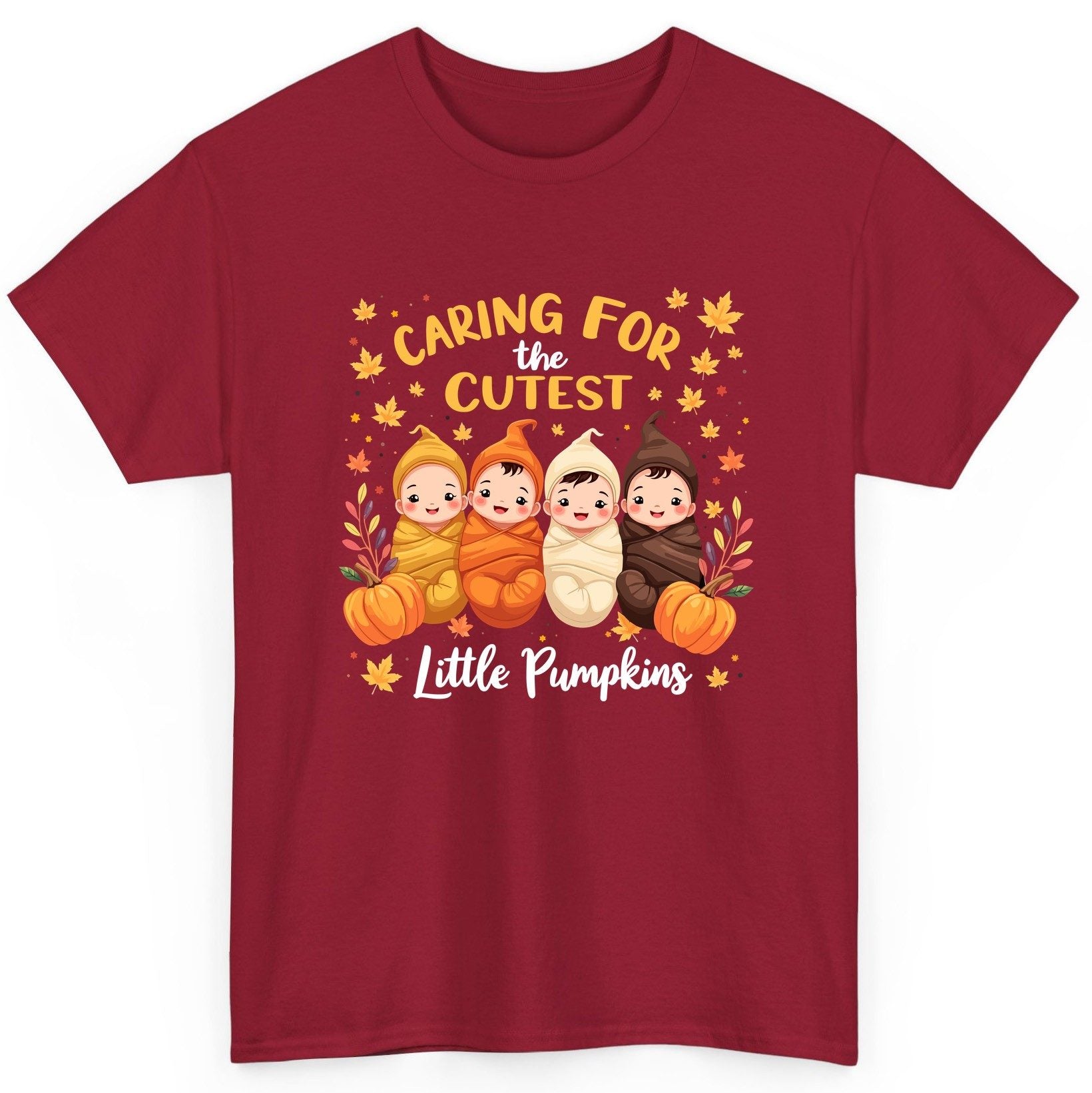 Caring for the Cutest Little Pumpkins swaddled babies T-Shirt Cardinal Red product mockup