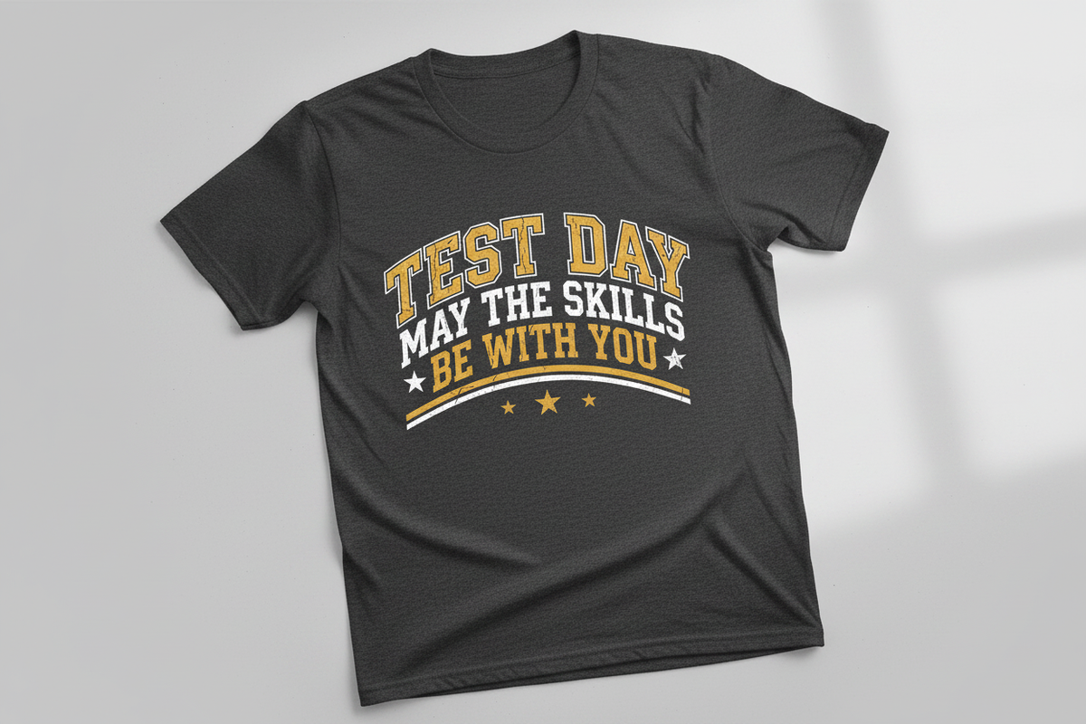 Test Day May The Skills Be With You Funny Teacher Student Design T-Shirt - Dark Heather