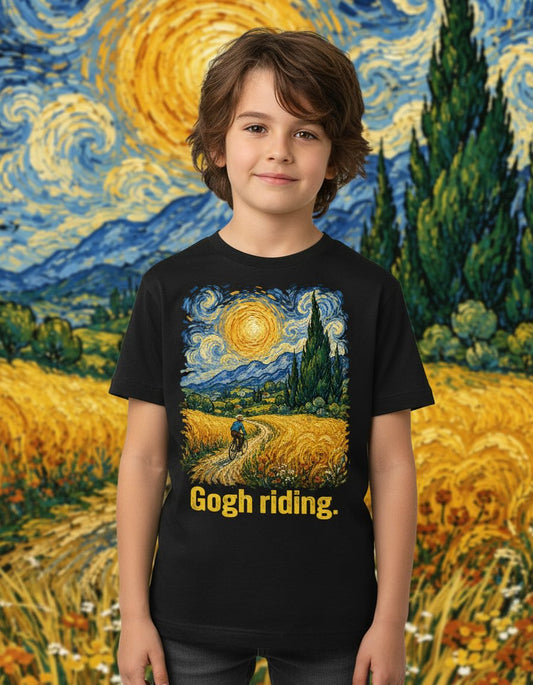 Gogh Riding art parody Youth T-Shirt Black lifestyle mockup