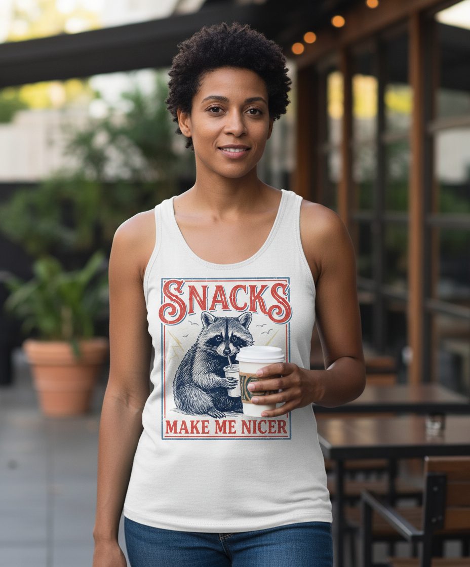 SNACKS MAKE ME NICER Funny Raccoon Tank Top - lifestyle model mockup - White