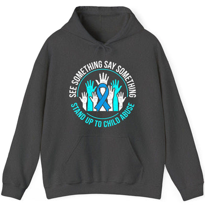 See Something Say Something Stand Up to Child Abuse Awareness Hoodie - product mockup - Dark Heather