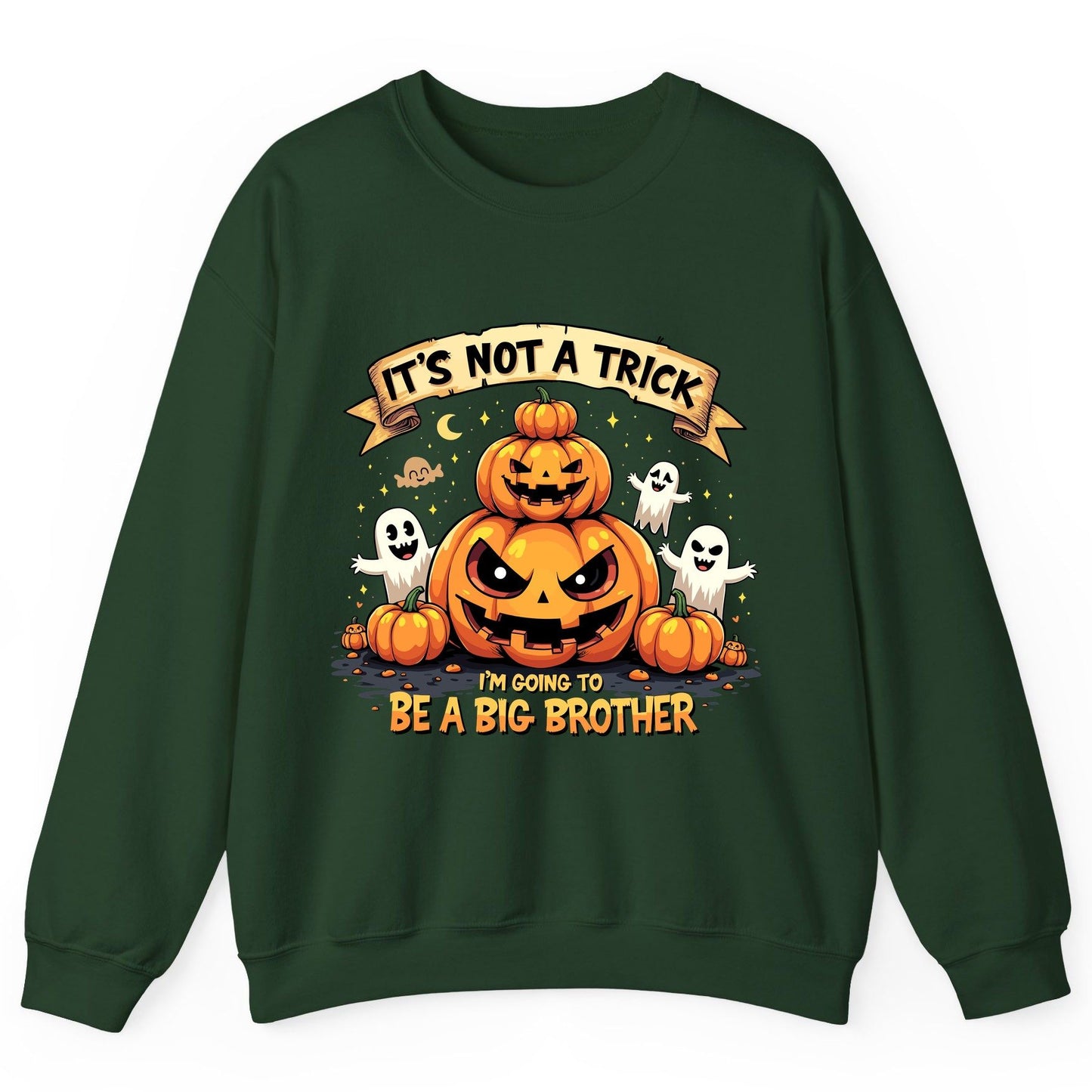 It's Not a Trick I'm Going to Be a Big Brother Halloween pregnancy announcement Sweatshirt Forest Green product mockup