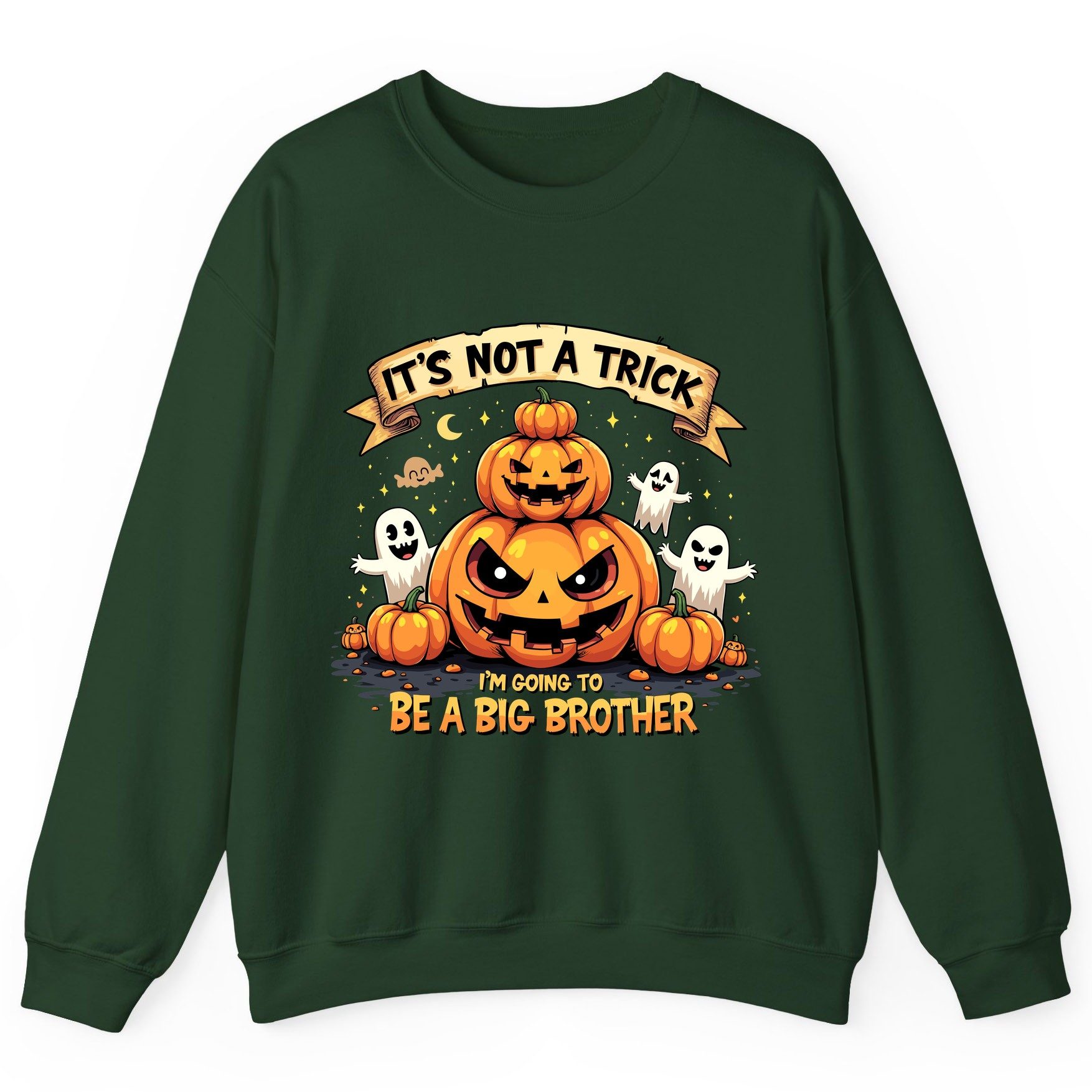 It's Not a Trick I'm Going to Be a Big Brother Halloween pregnancy announcement Sweatshirt Forest Green product mockup