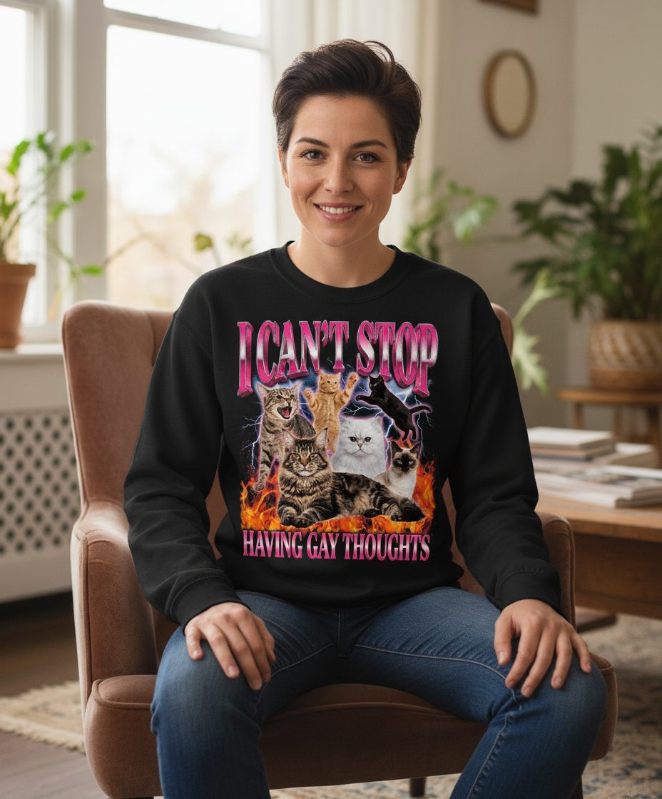 I Can't Stop Having Gay Thoughts cats Sweatshirt Black lifestyle mockup