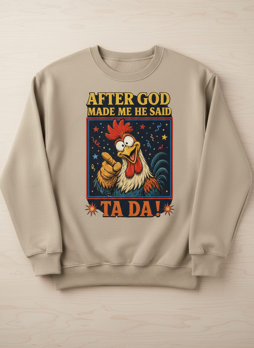 AFTER GOD MADE ME HE SAID TA DA Funny Rooster Sweatshirt - product mockup - Sand