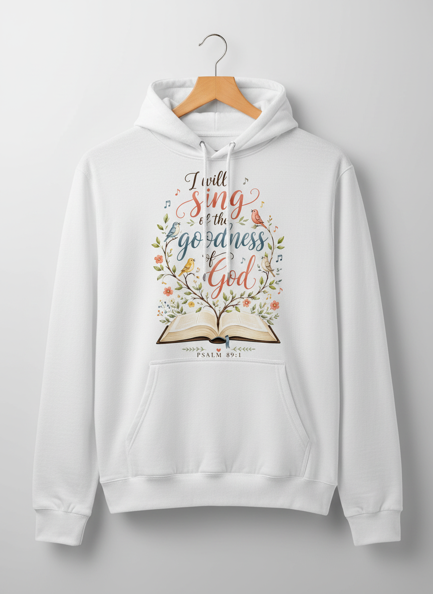 I Will Sing of the Goodness of God Psalm 89:1 Christian Verse Hoodie - White