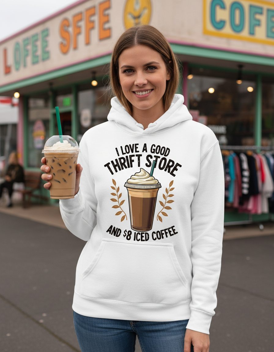 I Love a Good Thrift Store and 8 Iced Coffee coffee and thrifting Hoodie White lifestyle mockup