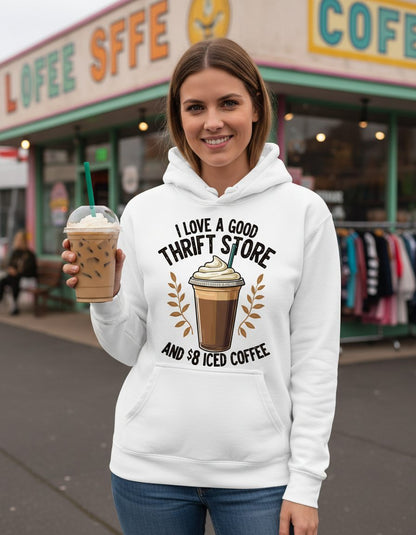 I Love a Good Thrift Store and 8 Iced Coffee coffee and thrifting Hoodie White lifestyle mockup