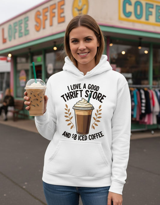 I Love a Good Thrift Store and 8 Iced Coffee coffee and thrifting Hoodie White lifestyle mockup