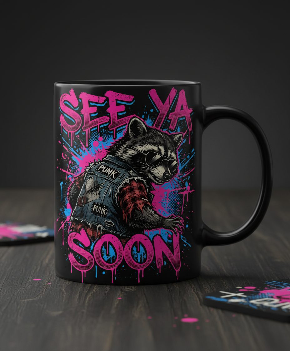 See Ya Soon Raccoon Black Mug - product mockup - Black