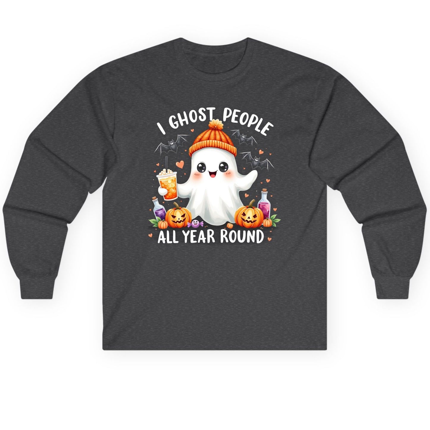I Ghost People All Year Round cute ghost Long Sleeve Tee Dark Heather product mockup