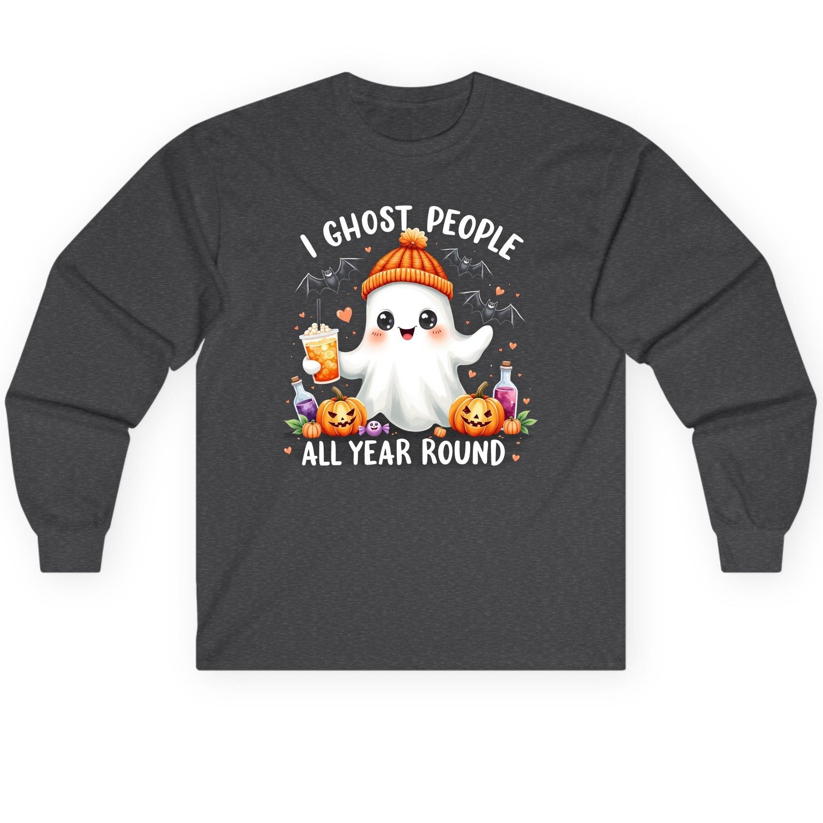 I Ghost People All Year Round cute ghost Long Sleeve Tee Dark Heather product mockup