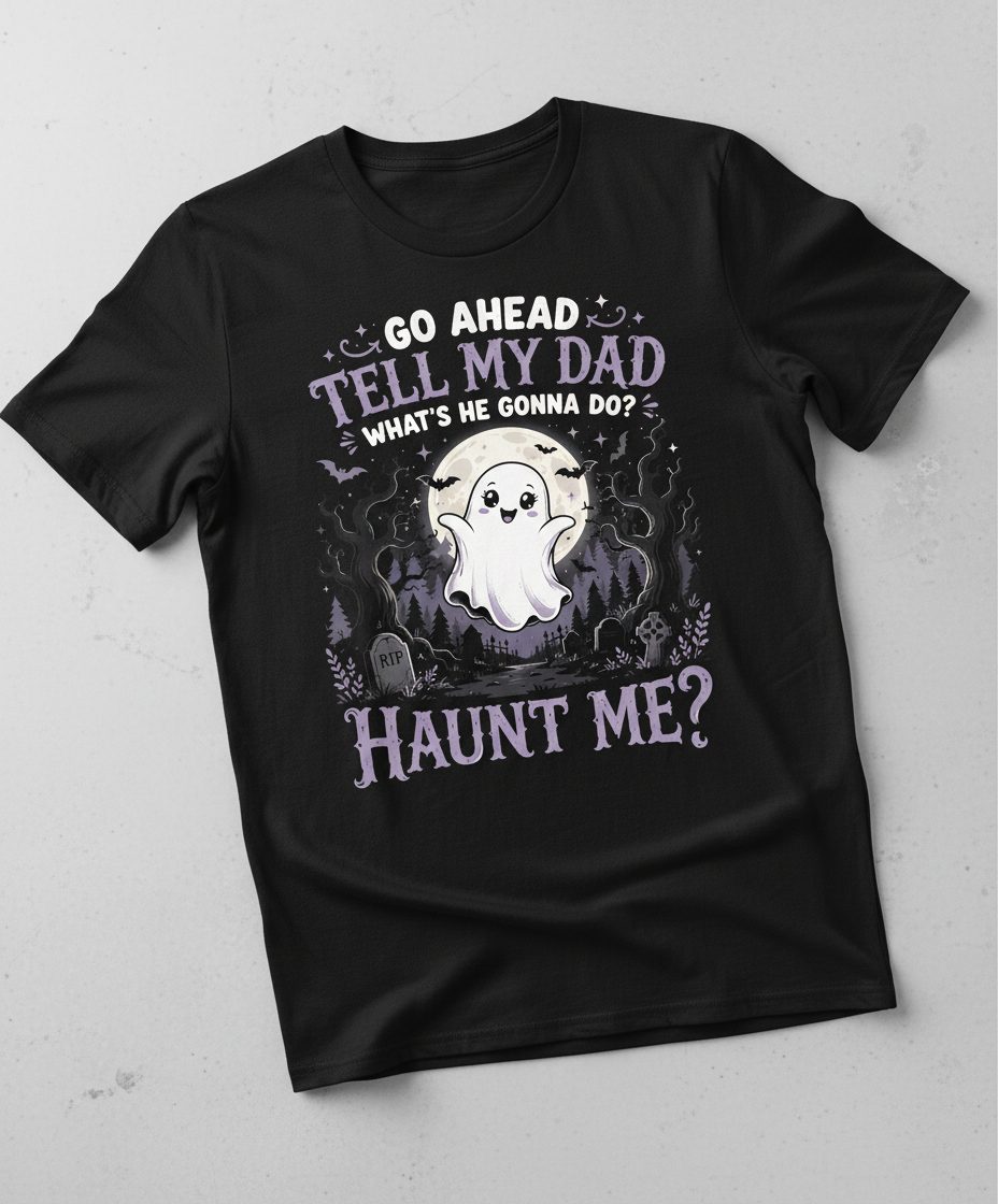 Go Ahead Tell My Dad What's He Gonna Do Haunt Me Funny Ghost T-Shirt - product mockup - Black