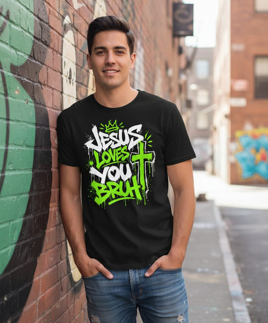 Jesus Loves You Bruh Christian T-Shirt - lifestyle model mockup - Black