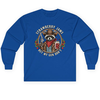 Strawberry Jams but My Gun Don't cowboy raccoon Long Sleeve Tee Royal product mockup