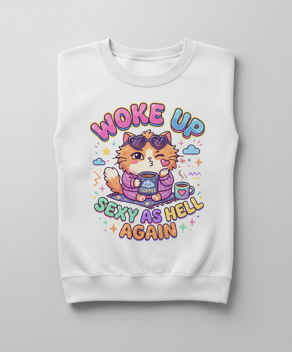 Woke Up Sexy As Hell Again Cute Cat Sweatshirt - White