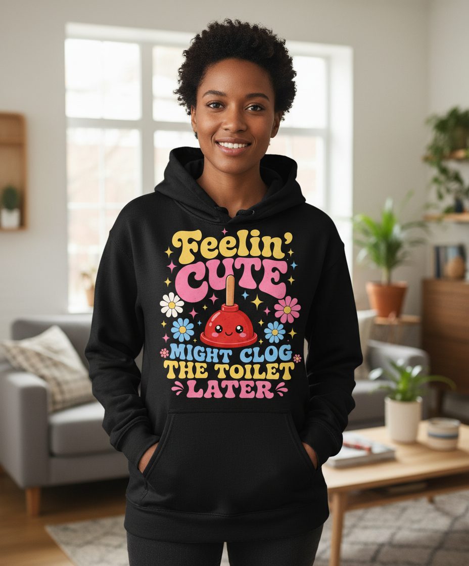 Feelin' Cute Might Clog the Toilet Later Funny Plunger Hoodie - lifestyle model mockup - Black