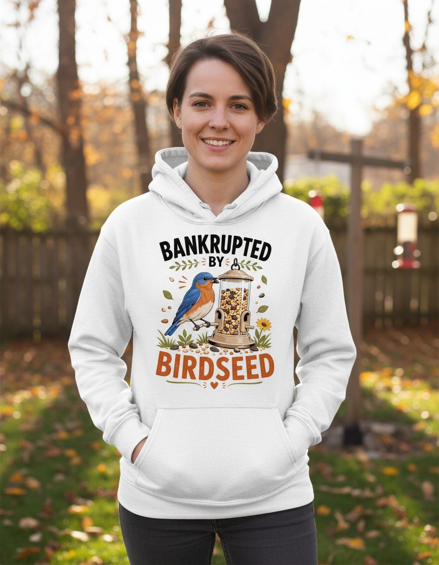 Bankrupted By Birdseed Funny Humor Hoodie - lifestyle model mockup - White