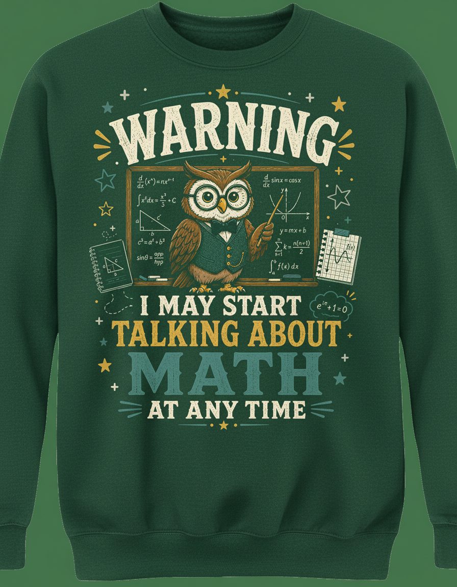 Warning I May Start Talking About Math at Any Time Funny Teachers Sweatshirt - product mockup - Forest Green