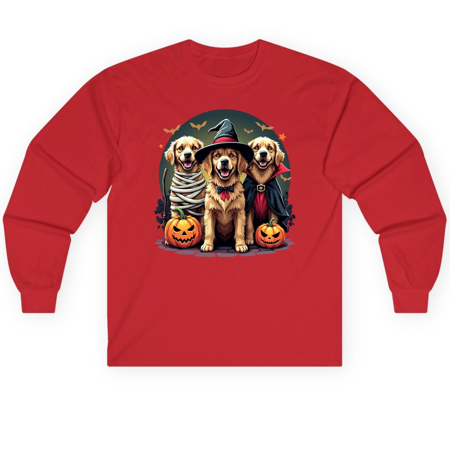 Golden Retriever Halloween Trio golden retriever Long Sleeve Tee Red product mockup