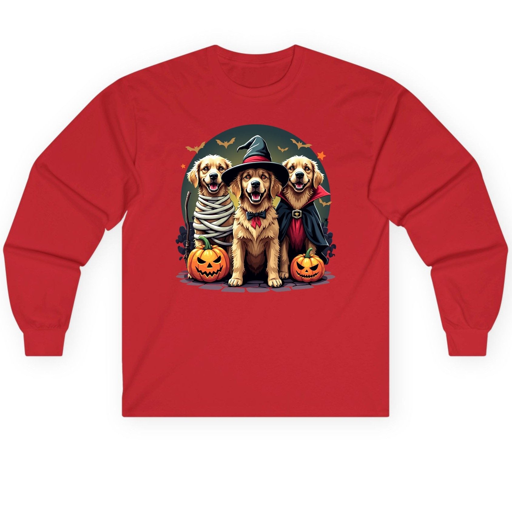 Golden Retriever Halloween Trio golden retriever Long Sleeve Tee Red product mockup