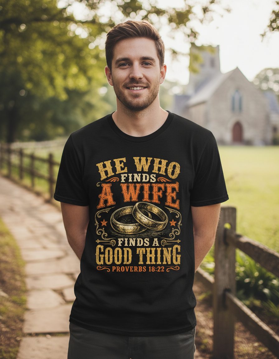 He Who Finds a Wife Finds a Good Thing Proverbs 18 22 T-Shirt - lifestyle model mockup - Black