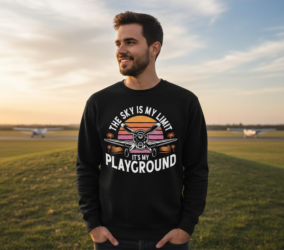 The Sky Is My Limit It's My Playground aviation Sweatshirt Black lifestyle mockup