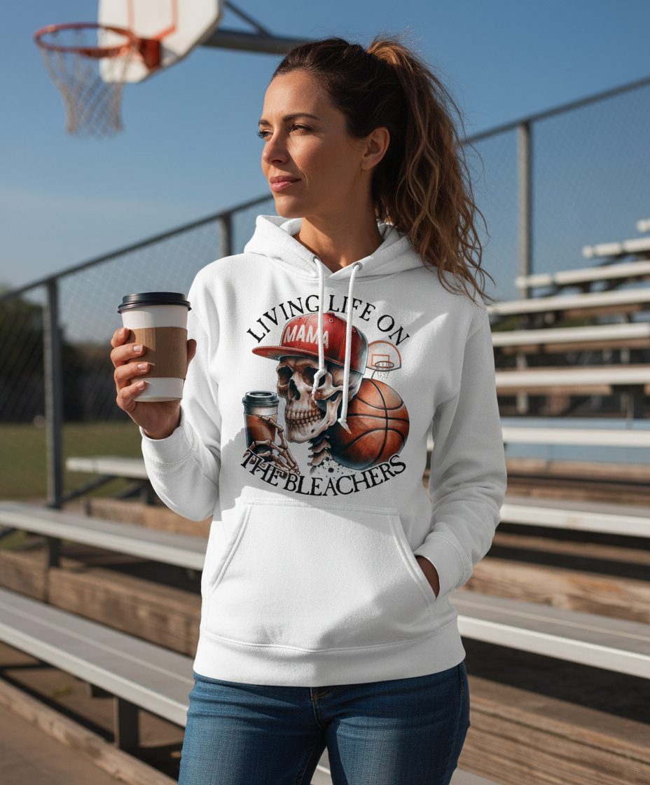 Living Life on the Bleachers Mama basketball mom Hoodie White lifestyle mockup