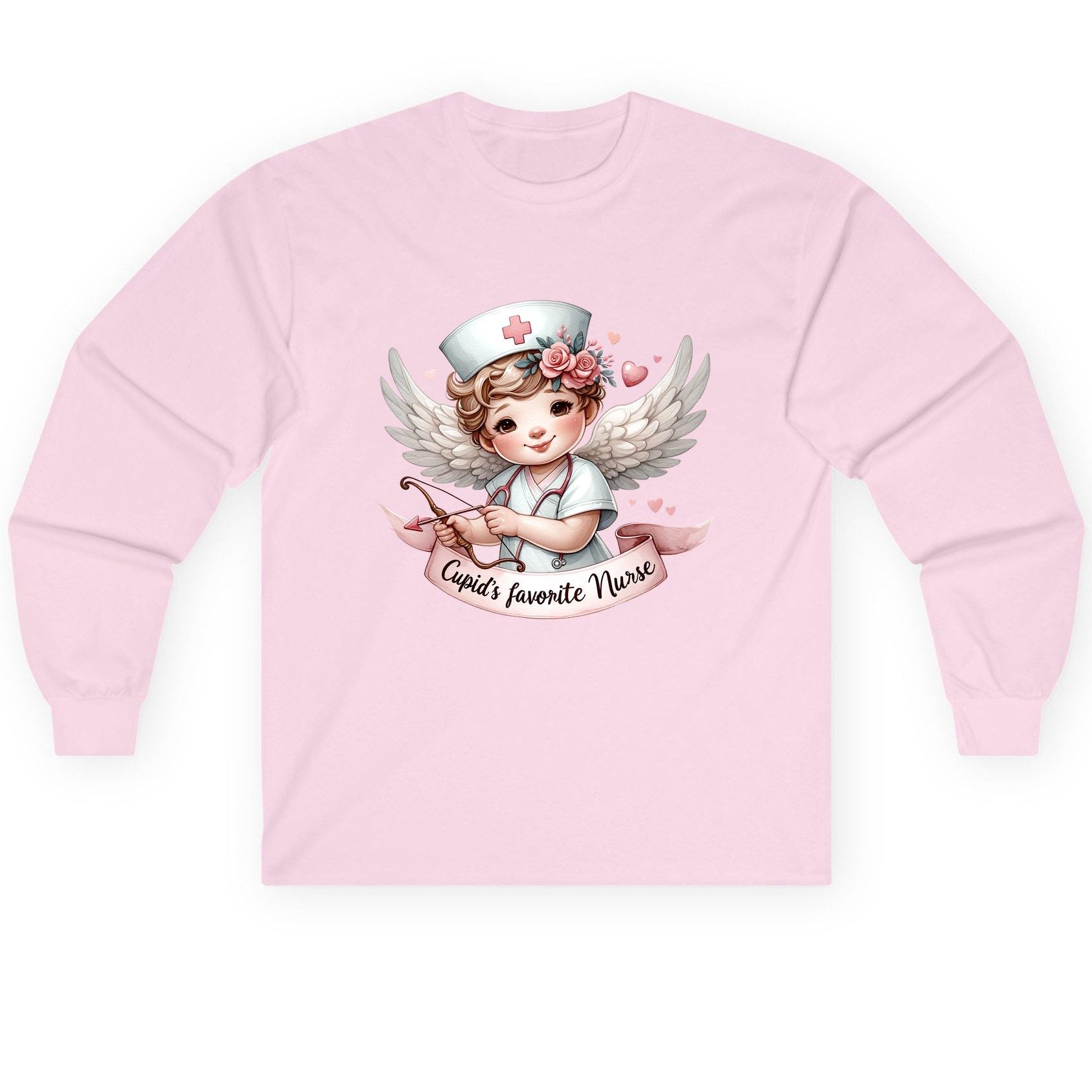 Cupid's Favorite Nurse cupid nurse Long Sleeve Tee Light Pink product mockup