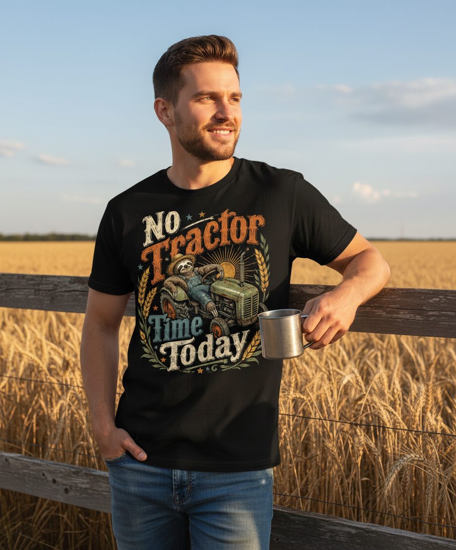 No Tractor Time Today Funny Sloth T-Shirt - lifestyle model mockup - Black