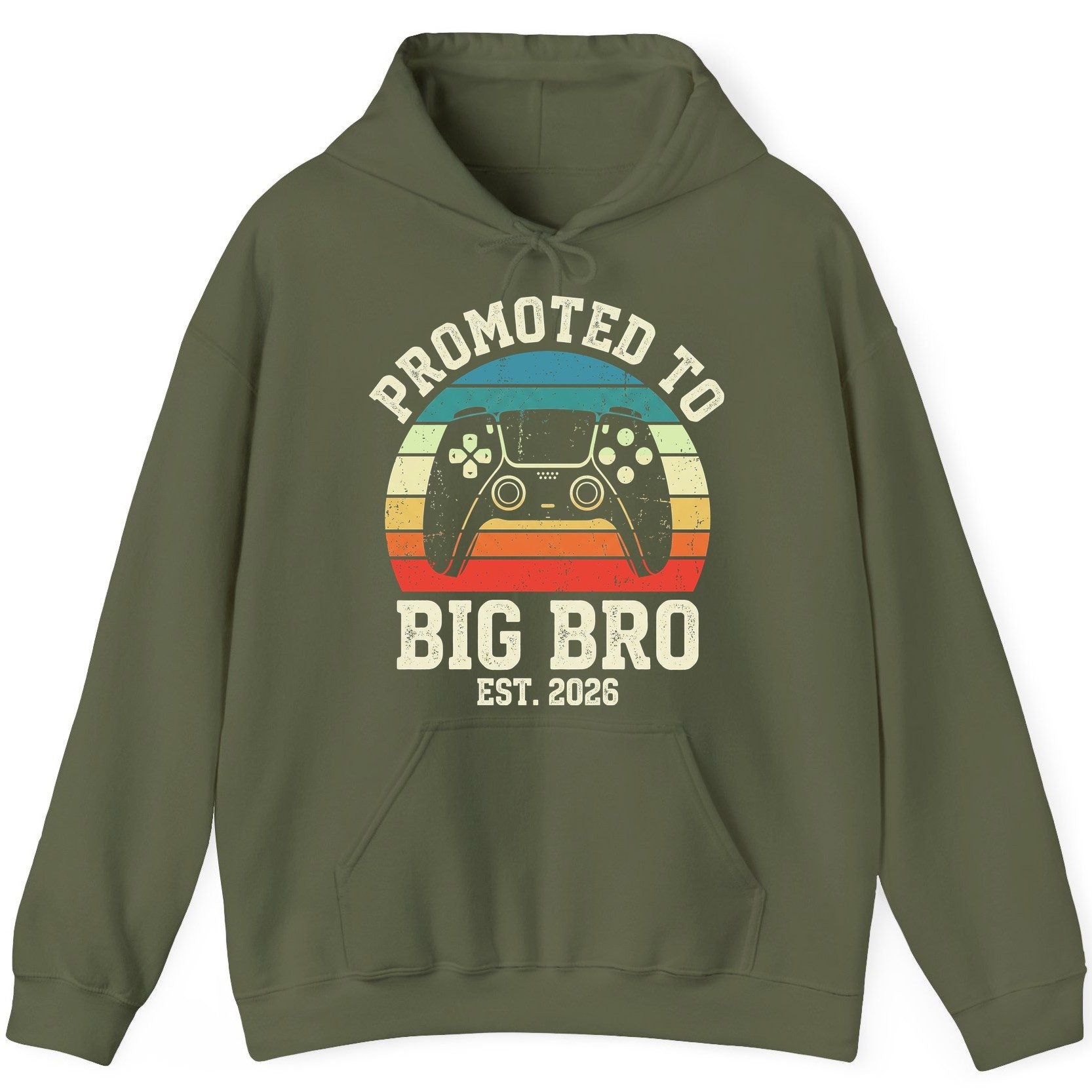 Promoted TO BIG BRO EST 2026 Retro Gaming Hoodie - product mockup - Military Green