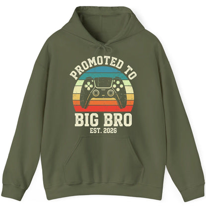 Promoted TO BIG BRO EST 2026 Retro Gaming Hoodie - product mockup - Military Green