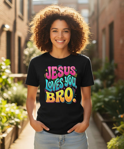 JESUS LOVES YOU BRO Retro Christian Youth T-Shirt - lifestyle model mockup - Black