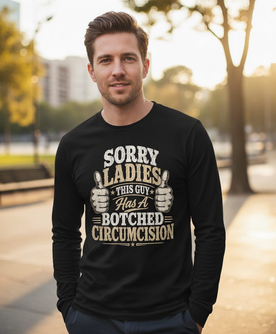 SORRY LADIES THIS GUY Has a Botched Circumcision Long Sleeve Tee - lifestyle model mockup - Black