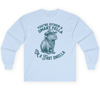 You're Either a Smart Fella or a Fart Smella capybara Long Sleeve Tee Light Blue product mockup