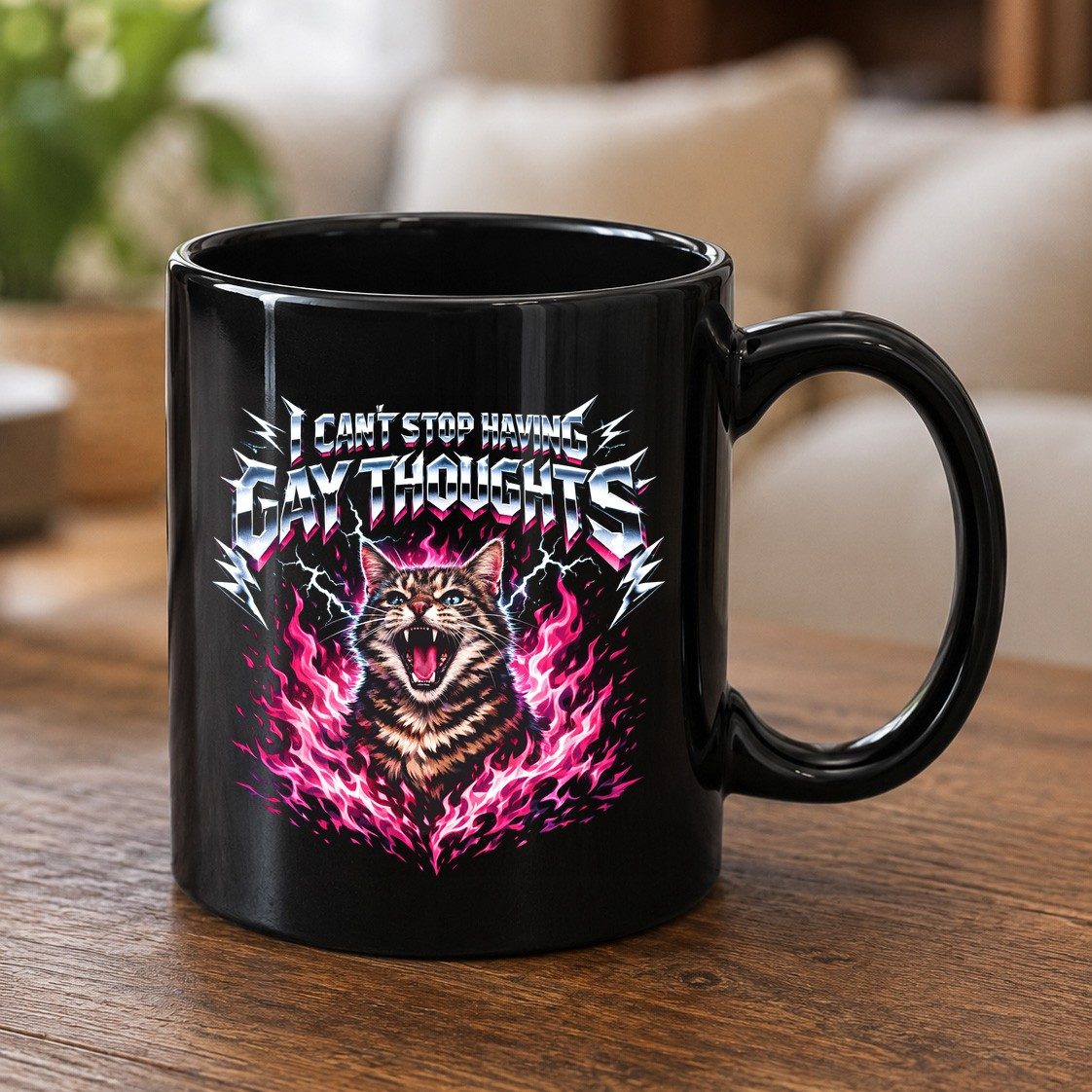 I Can't Stop Having Gay Thoughts cat Black Mug Black product mockup