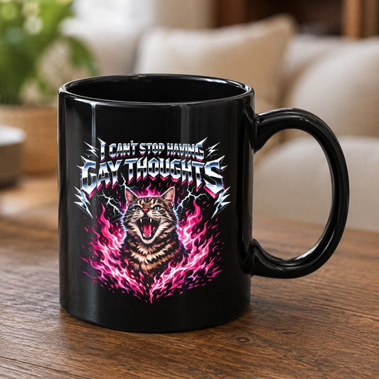 I Can't Stop Having Gay Thoughts cat Black Mug Black product mockup