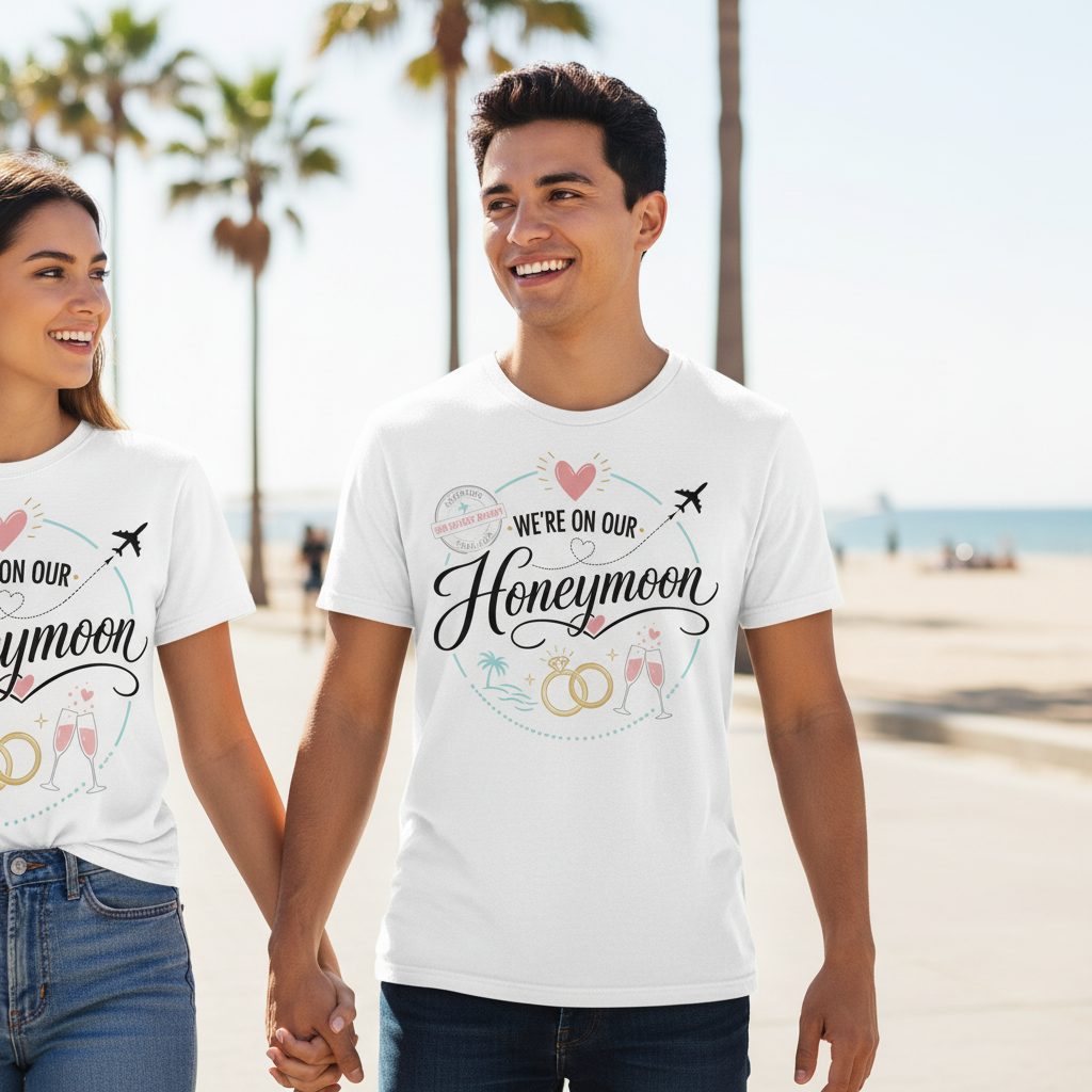 Our Greatest Journey Honeymoon Newlyweds T-Shirt - lifestyle model mockup - White
