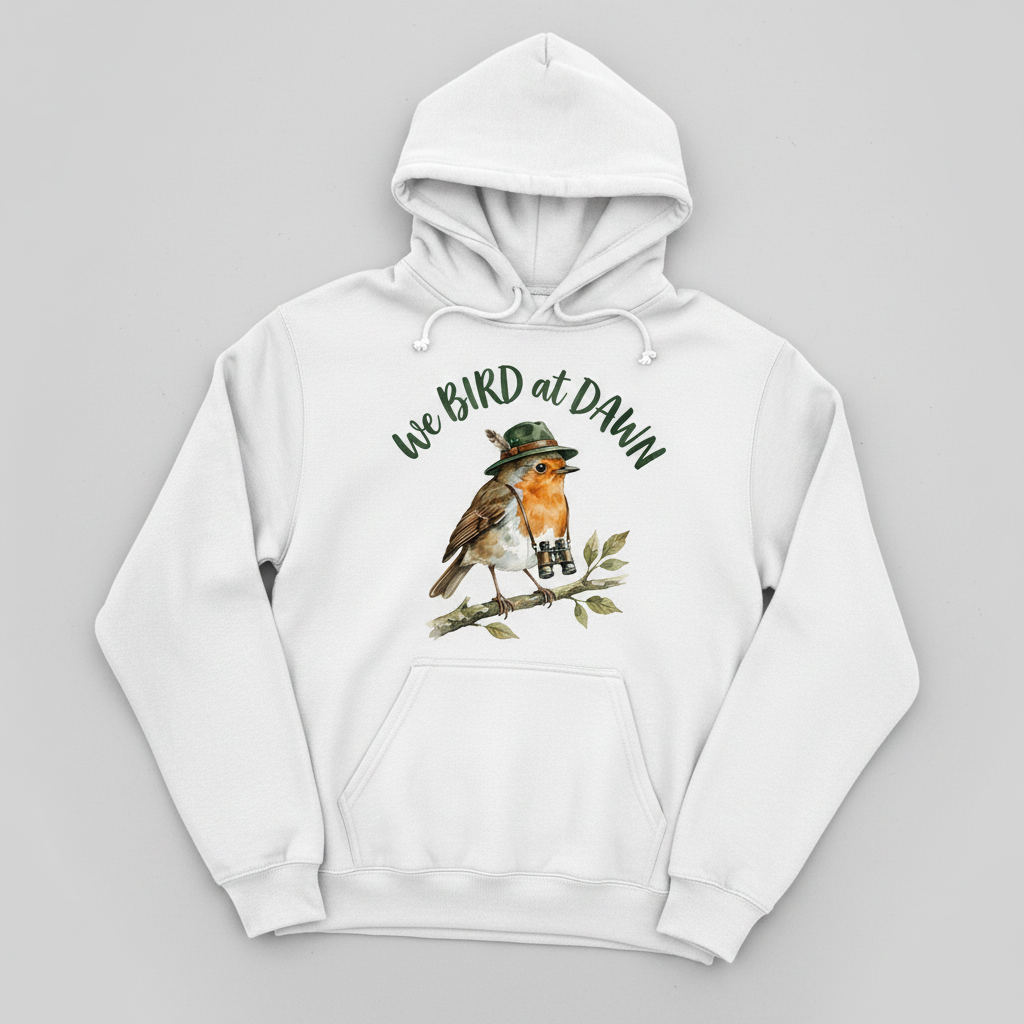 Watercolor Robin Birdwatcher with Hat and Binoculars Hoodie - product mockup - White