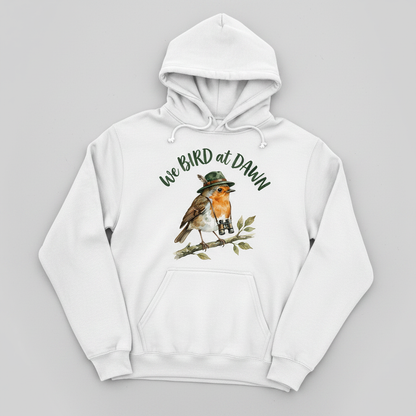 Watercolor Robin Birdwatcher with Hat and Binoculars Hoodie - product mockup - White