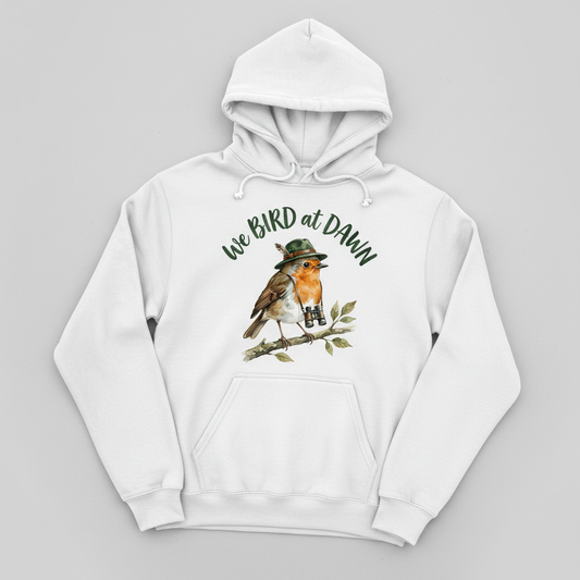 Watercolor Robin Birdwatcher with Hat and Binoculars Hoodie - product mockup - White