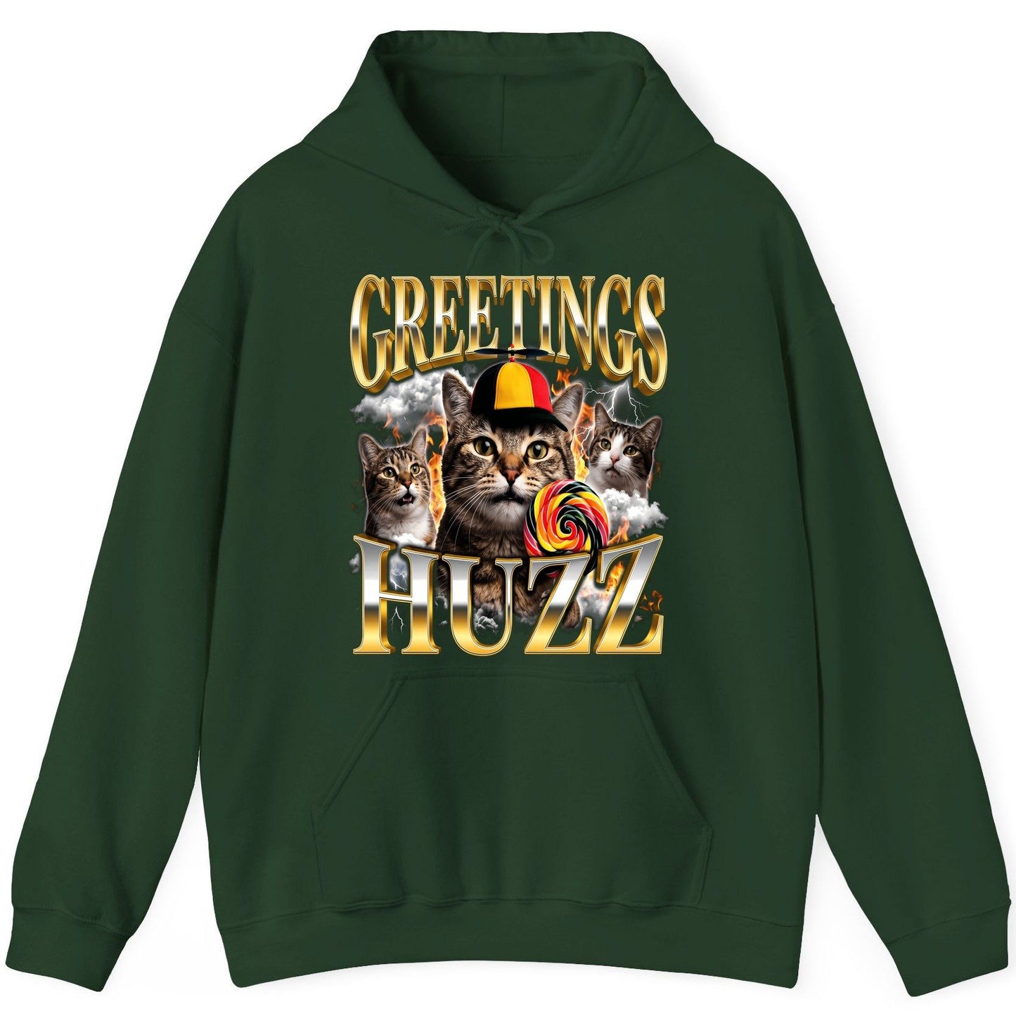 Greetings HUZZ Funny Cats Hoodie - product mockup - Forest Green