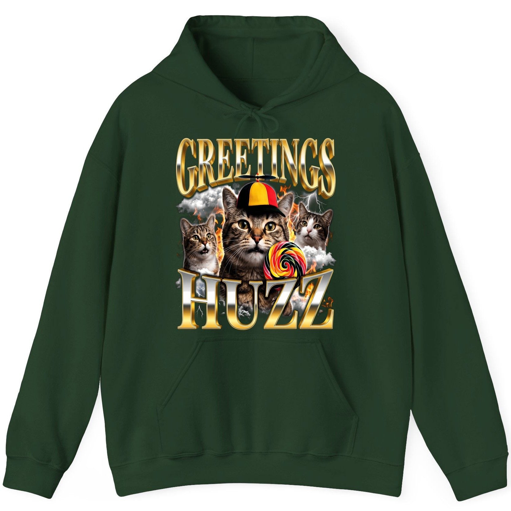 Greetings HUZZ Funny Cats Hoodie - product mockup - Forest Green