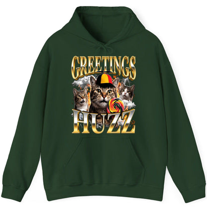 Greetings HUZZ Funny Cats Hoodie - product mockup - Forest Green