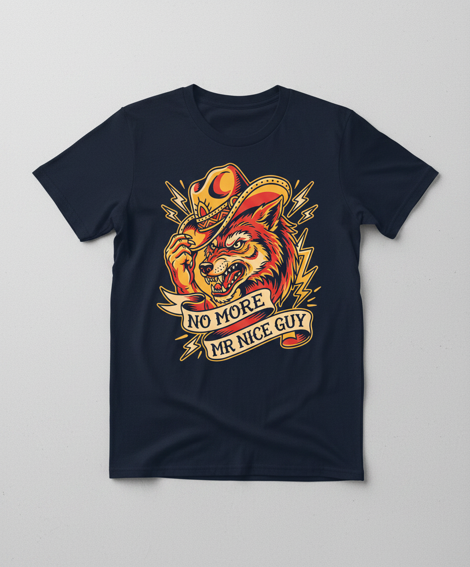 No More Mr Nice Guy Wolf Cowboy Tattoo Art T-Shirt - Navy